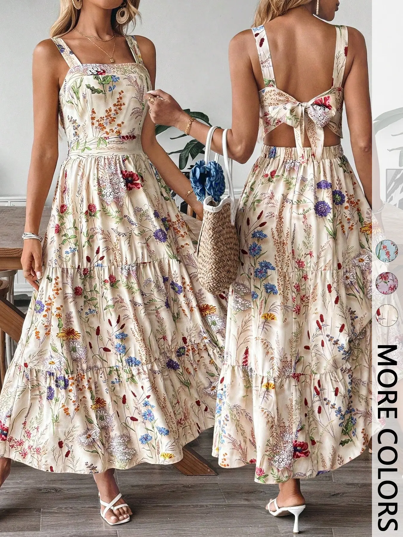 Women's Floral Print Aesthetic Backless Midi Dress, Tie-Bow Detail, Elastic Waist, Square Neck Sleeveless Summer Dress for Casual Wear, Vacation & Daily Commute