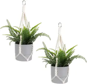 Macrame Plant Hanger, 2 Pack Boho Hanging Planters Baskets for Indoor Plants Decorative Braided Cotton Rope Flower Pot Holder with Metal Hook Rings for Outdoor Home Decor, No Tassels, Ivory, 20 Inchs Sliverdew