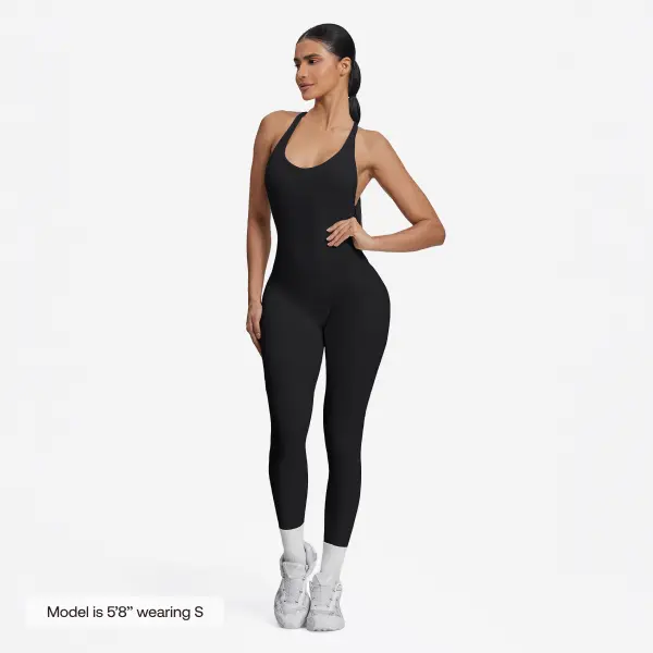 BetterMe Women's Black Form-Fitting Halter Crossback Built-In Bra Breathable Sweat-Wicking Bodysuit, Activewear Clothing, Fitness Outfit, Gym Wear, Workout Apparel