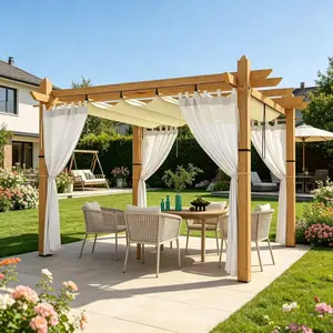 LH-Garvee 10 x 10 ft Wood Grain Aluminum Pergola with Retractable Canopy & Netting,Elegant sturdy Outdoor Gazebo with Ventilated Top Waterproof Windproof Perfect for Backyard BBQ Poolside and Family Gatherings，, UPF 50+ Protection – Beige