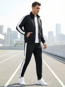 Men's Casual Two-Piece Sports Set, Athleisure Tracksuit Sets, Athleisure Wear, Zipper Jacket + Pants, Fleece Fabric, Elastic Waist, Regular Fit, Spring & Fall Wear