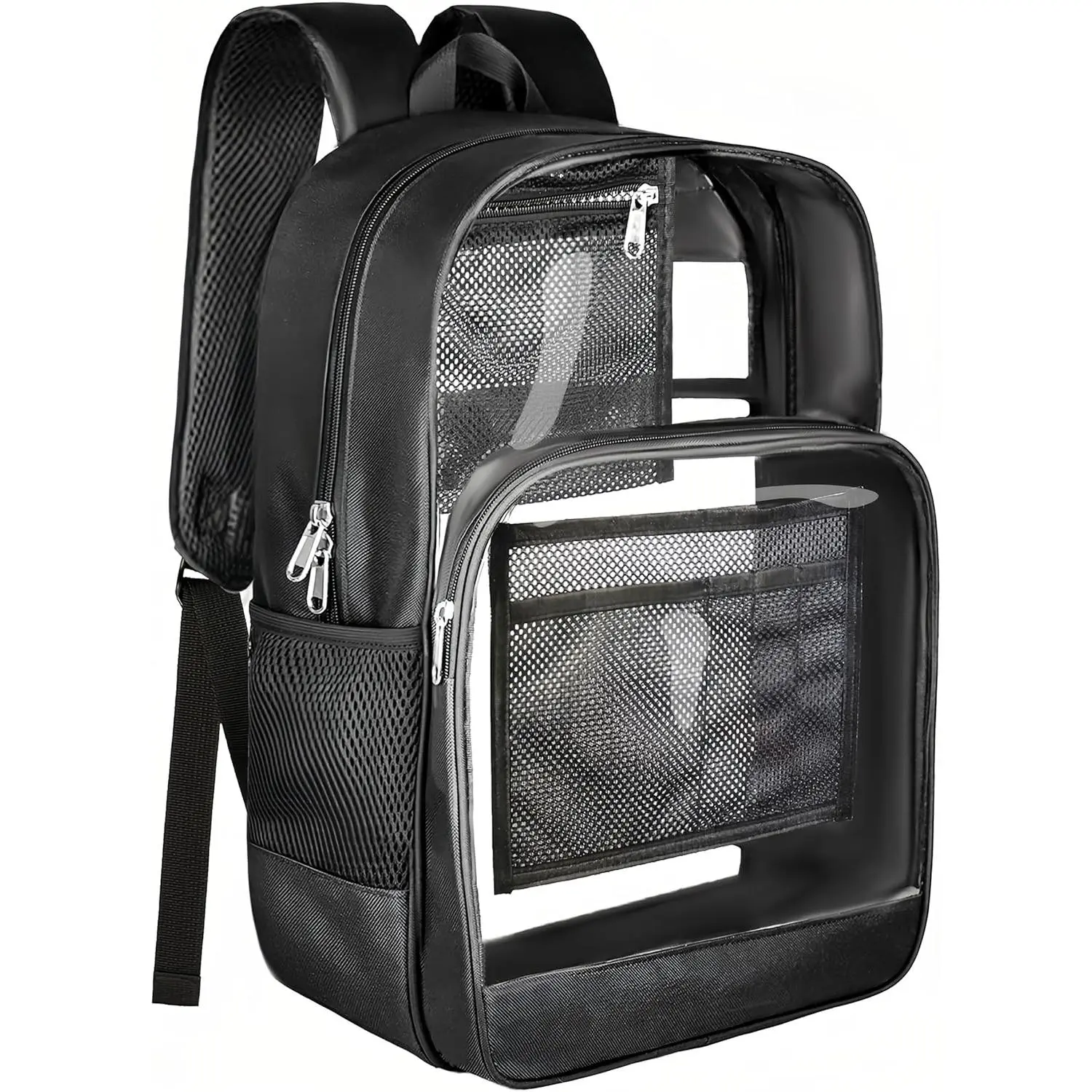 BrillaraSymn Heavy Duty Clear Backpack, Sturdy Fabric Clear Bookbag for School, Transparent PVC & Oxford Backpacks with Privacy Pocket for College Work Travel Security, Black