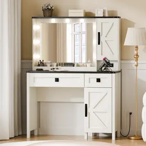 Makeup Vanity wit Mirror and Lights,Farmhouse Style Large Vanity Set with Drawers, Barndoor Cabinets for Bedroom, White
