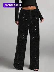Women's Fashion Pants with Elastic Waistband, Bow Design, Sequins Detailing, Stylish Fitted Trousers Bottoms for Casual Wear