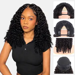 Burmese Curly V Part Wig Human Hair Glueless Clip In Half Wig No Leave Out Wear and Go Drawstring U Part Upgrade for Black Women Natural Black