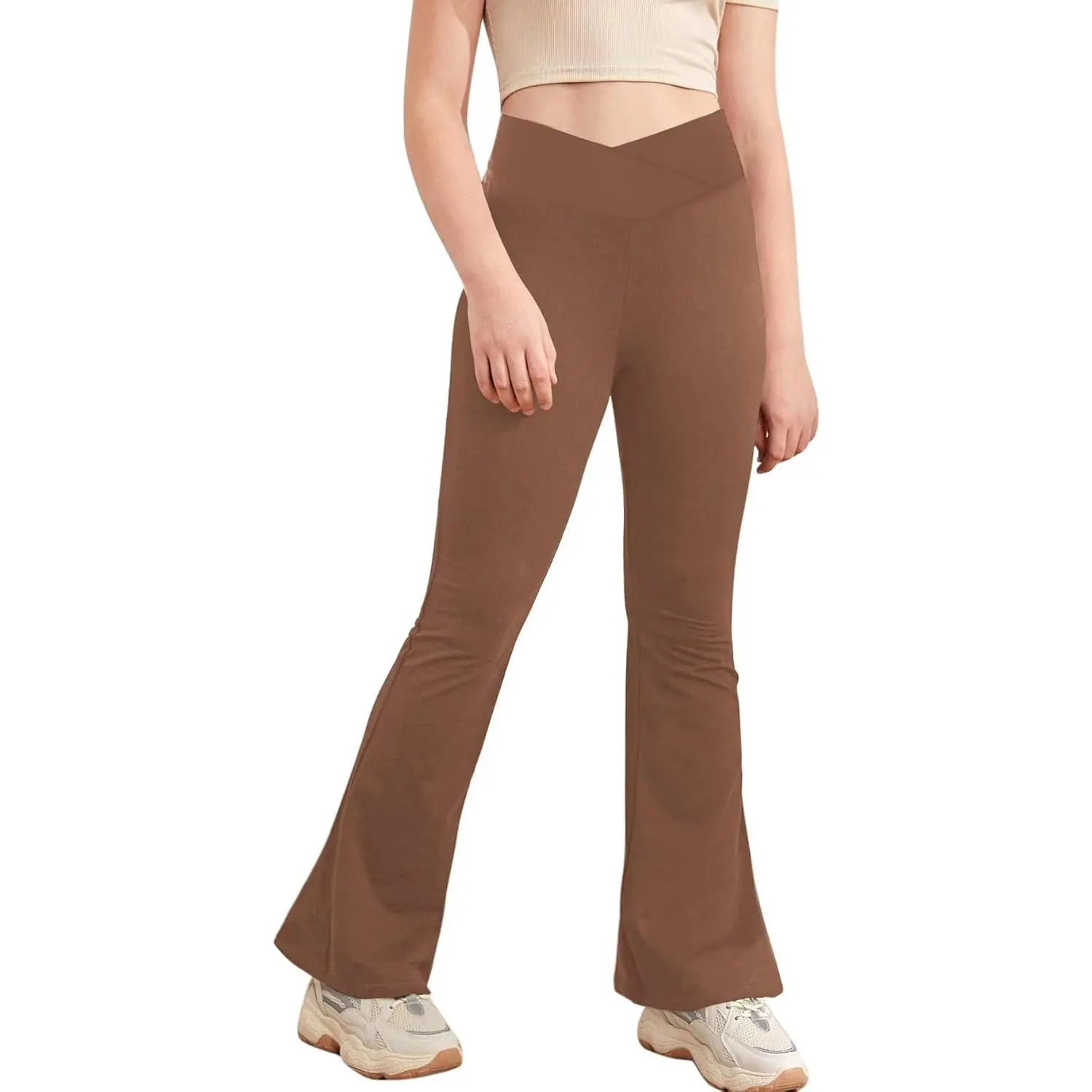 Girl's Leggings Cross High Waisted Flare Pants Yoga Bootcut Pants Solid Color Full Length Bell Bottoms,back to school
