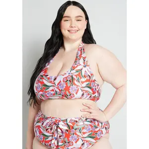 ModCloth Allison Halter Neck Bikini Top in Red Floral Print (XS-3X) casual swim separates