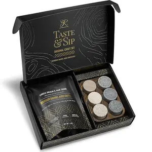 & Kentucky  Barrel Aged Coffee  Set - 6 Handcrafted Granite Round  & Hardwood Storage Tray - Medium Dark Roast 4oz Tasting Bag for Specialty Coffee Lovers!