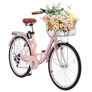 【fathersdaygift】VEVOR 26-Inch Cruiser Bike 7-Speed Pink Beach Cruiser Bike with Basket, Bicycle