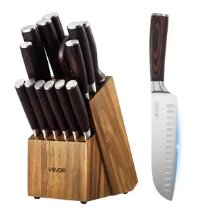 15-Piece High Carbon Stainless Steel Cutting Knives Set - Rust-Resistant Kitchen Cutlery, Ergonomic Handle, Premium Wooden Block, Sharpener, Kitchenware Cutting Tool Kit for Home Use