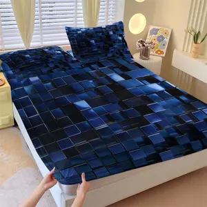 Deep Sea Neon Cube 3D Visual Fitted Sheet Set & 2 Pillowcases No Core, Blue Metallic or Glass Reflective Textures Square Matrix Blocks Design, Soft Wrinkle-Resistant, Futuristic Bedroom Decor, Gift Choice
