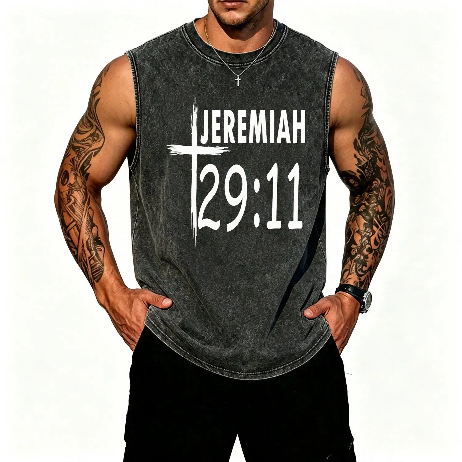 Sleeveless Vest with "JEREMIAH 29:11" White Text and Cross Design Y2K Style Rustic Country Chic Perfect Gift for Family and Friends Stylish Summer Layering Apparel