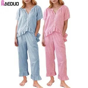 Naeduo Womens Plaid 2 Piece Pajamas Sets Gingham Button Down Puff Sleeve Babydoll Shirt Ruffle Pants Y2K Pjs Lounge SpringStatements Set Soft