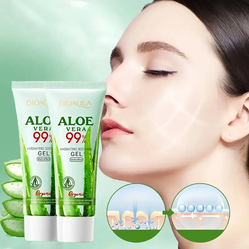 2-Pack BIOAQUA Aloe Vera 99% Hydrating Gel, Unisex Daily Facial Moisturizer, Daily Moisture Nourishing, Alcohol-Free, Formaldehyde-Free, Nourishing Citric Acid & Nicotinamide, Glycerin for All Skin Types, Plant-Based Squalane, Vitamin C Enriched