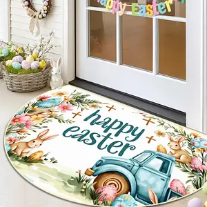 Easter Theme Entrance Door Mat, Rabbit Truck Egg Print Half Round Rug, Spring Holiday Decorative Hallway Carpet, Soft Washable Outdoor Garden Entry Staircase, Visual Appeal, Versatile Use