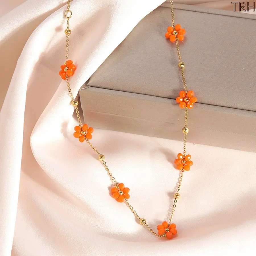 Colorful Flower Stainless Steel Necklace, Dainty Beaded Floral Pendant, Elegant All-match Chain, Chic Boho Jewelry for Women, Trendy Accessory for Daily Wear & Casual Outings