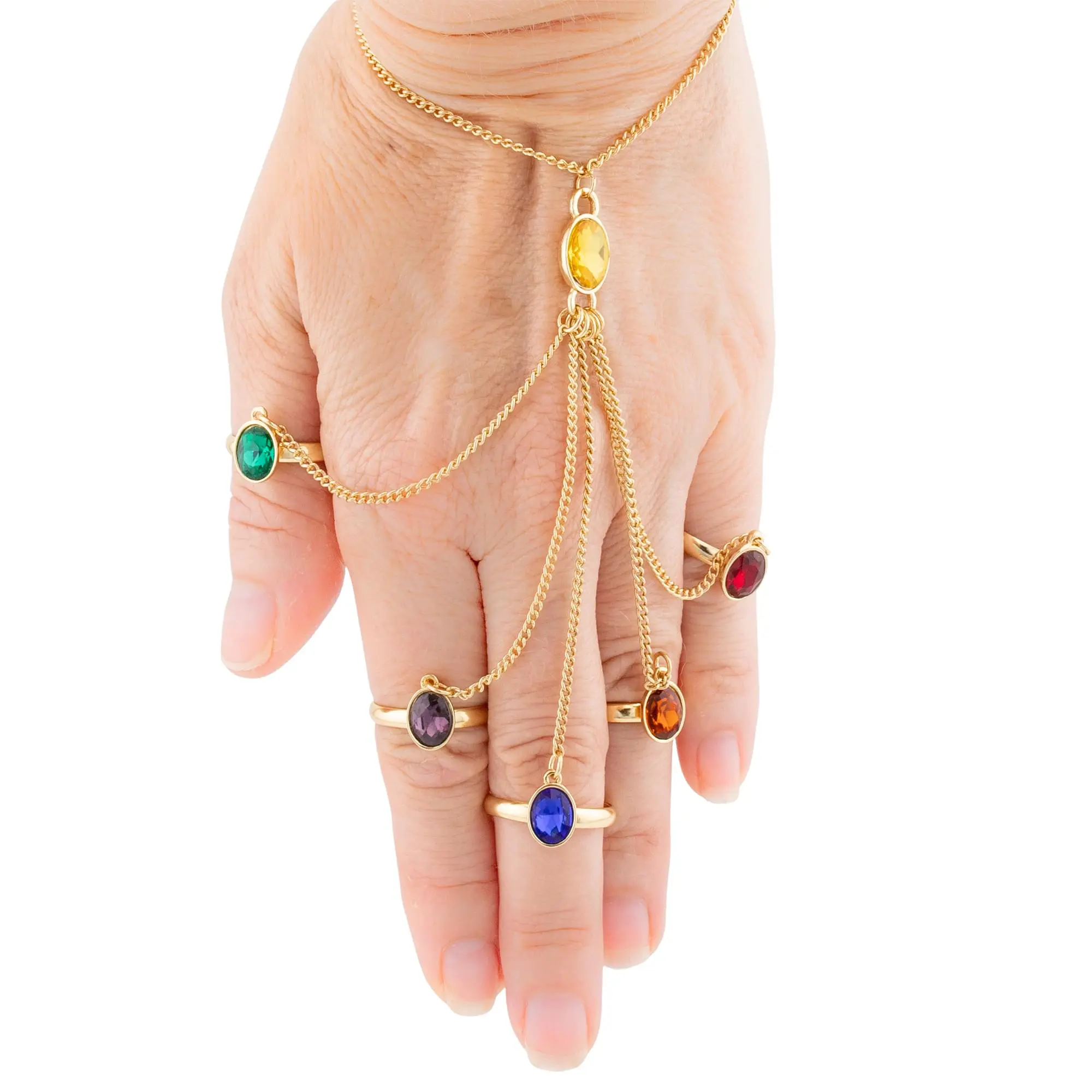 Gauntlet Style Hand Chain with 6 Infinity Stones, Superhero Fandom Wear, Statement Cosplay Jewelry for Women