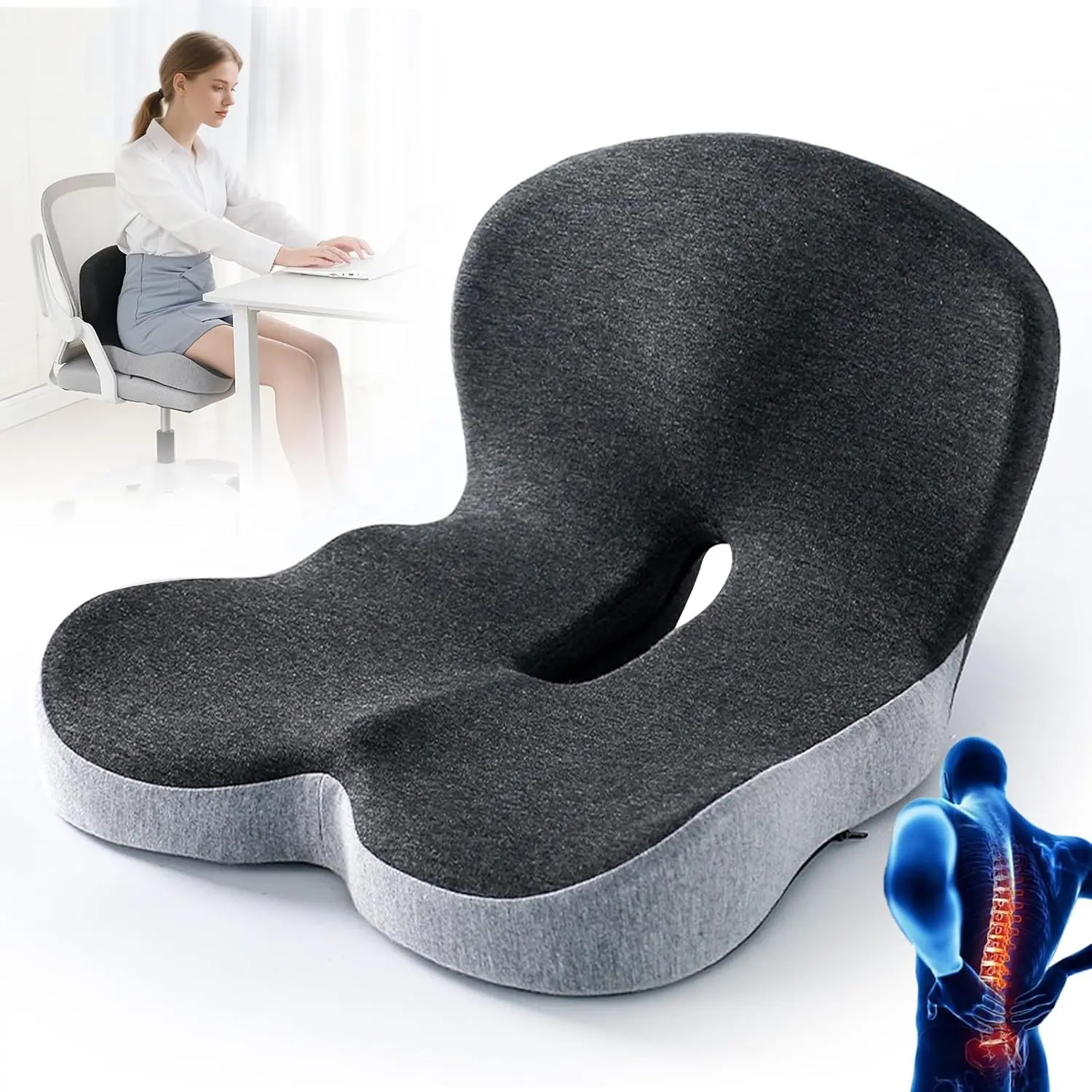 Ergonomic Memory Foam Seat Cushion & Lumbar Support Pillow Set with Removable Washable Slipcover, Universal Chair Cover - 43cm x 87cm, Anti-Shrink, All Seasons for Adults’ Office Chair, Car Seat Sciatica, Tailbone, Back Pain Relief