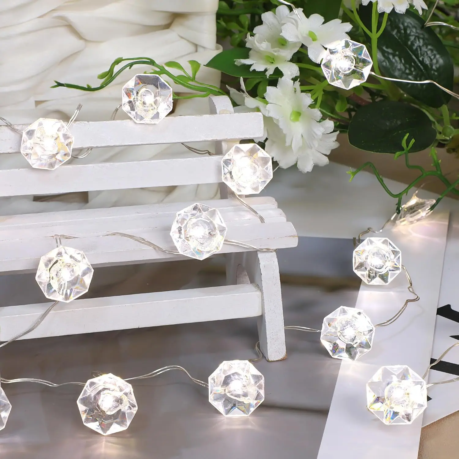 Decorative String Lights, Bling Star Crystal Diamond Shape 10ft 40 LEDs with Remote, Powered by Battery or USB for Bedroom Dorm Dinner Wreathe Propose Wedding Party Date Valentine Day Decorations