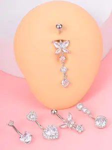14g 5pcs 10mm Dangle Belly Button Rings, Stainless Steel Dangling Heart Butterfly CZ Design, Cute Body Piercing Jewelry for All Seasons Silver Gold Rhinestone Belly Ring