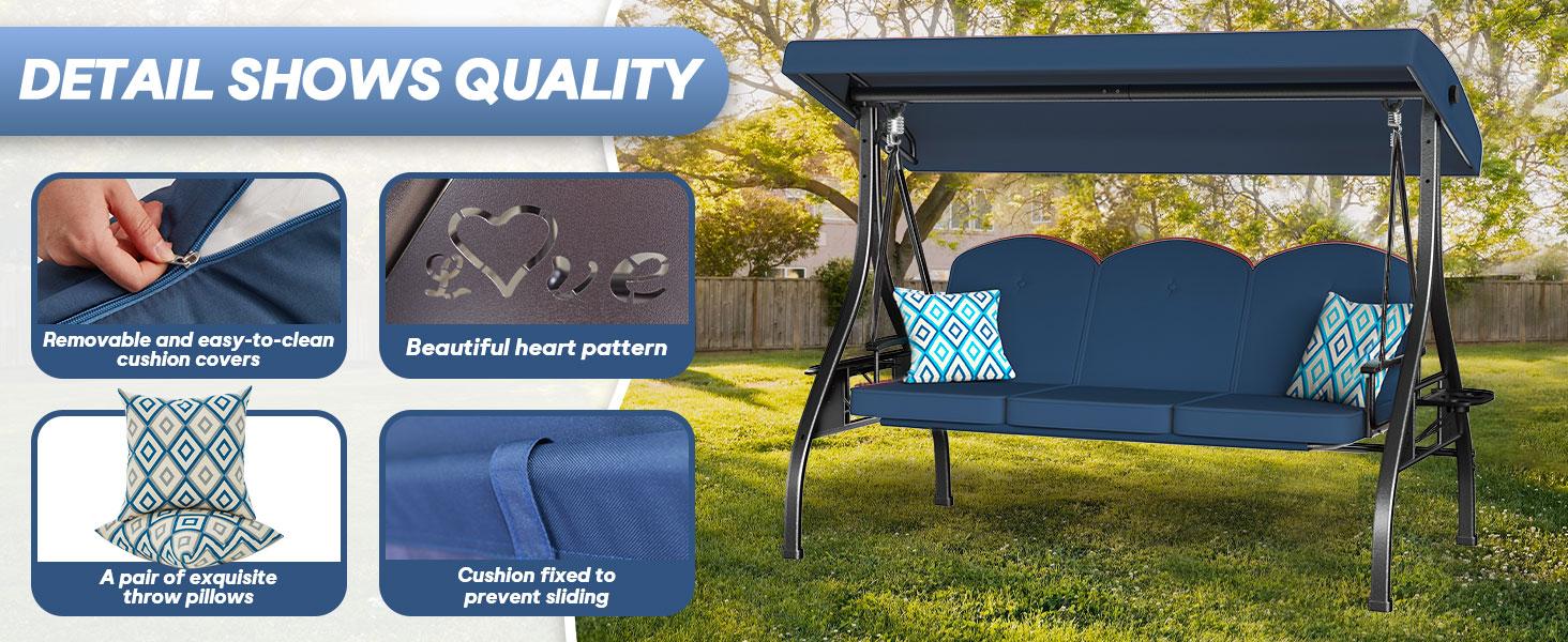 【Summervibes】3-Seat Outdoor Canopy Porch Swing with Stand, Patio Swing with Canopy, 2 in 1 Porch Swing Bed & Patio Swing Chair for Adult, Yard Swing Extra 2 Piece Free Pillows and Cup Holder