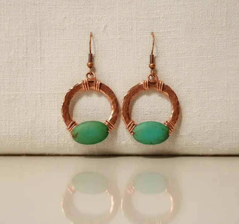 Copper & Turquoise Stone Hoop Earrings – Wire-Wrapped Artisan Dangle
