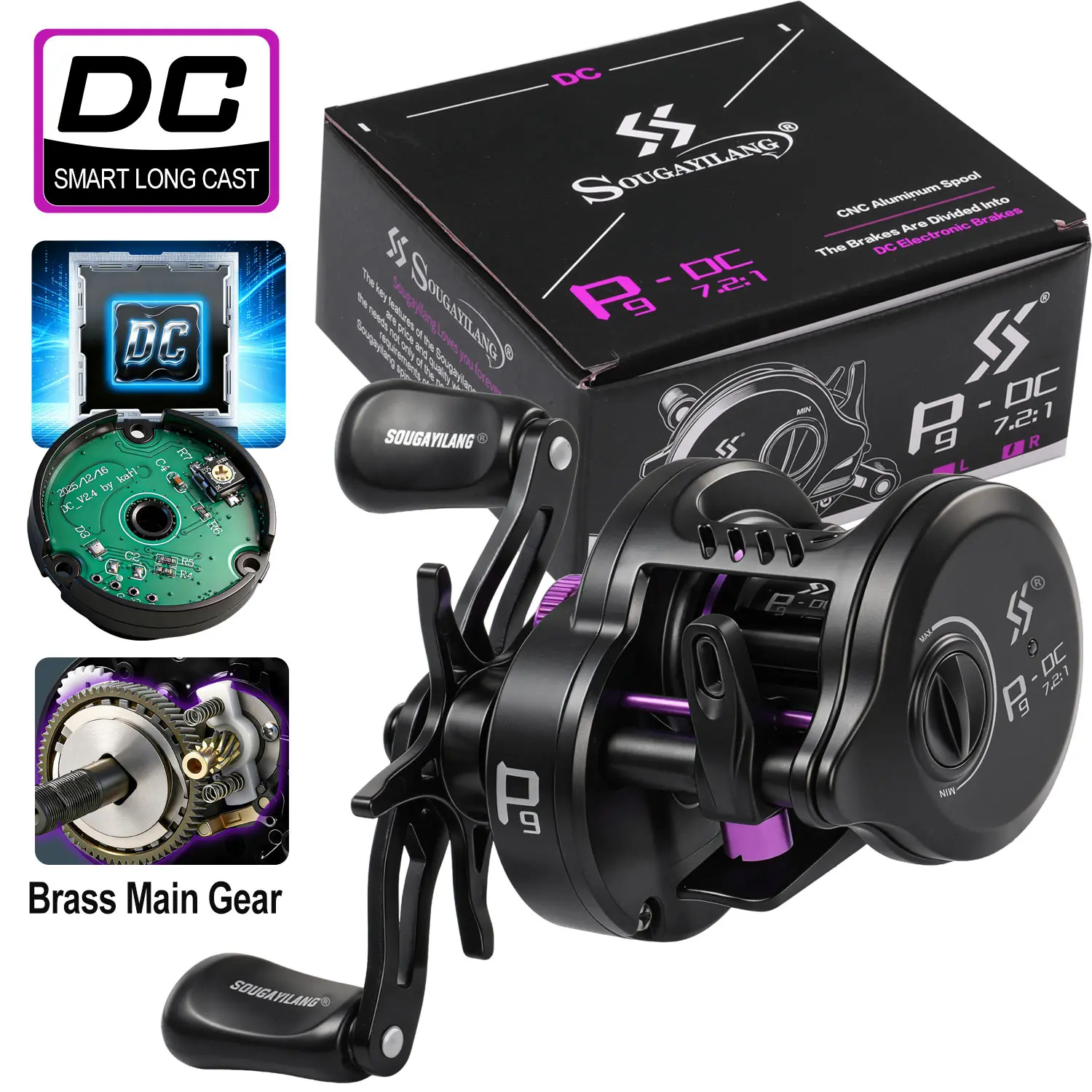 Sougayilang P9-DC Baitcasting Reel 7.2:1 Gear Ratio, Intelligent Electronic DC Brake System, Waterproof Intelligent Fishing Reel with Light & Sound Alarm