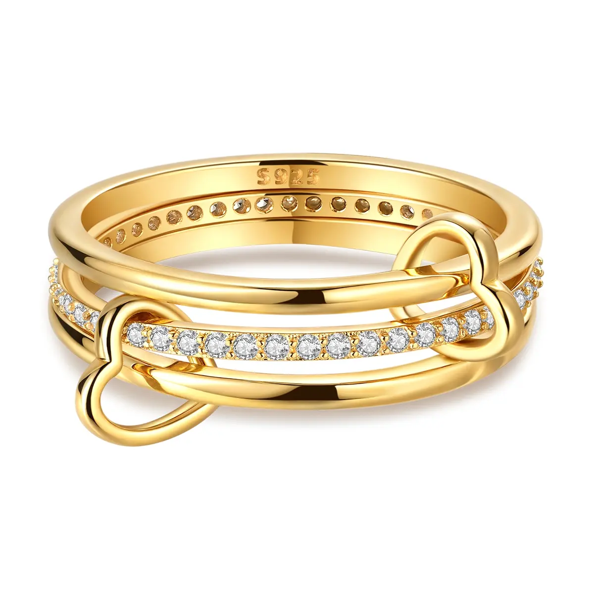 MULA 18K gold plated three-band heart-shaped buckle interlock ring with cubic zirconia,elegant geometric jewelry, the best gift for women and girls on birthdays, Valentine's Day, Engagement Ring Stack, Everyday Wear
