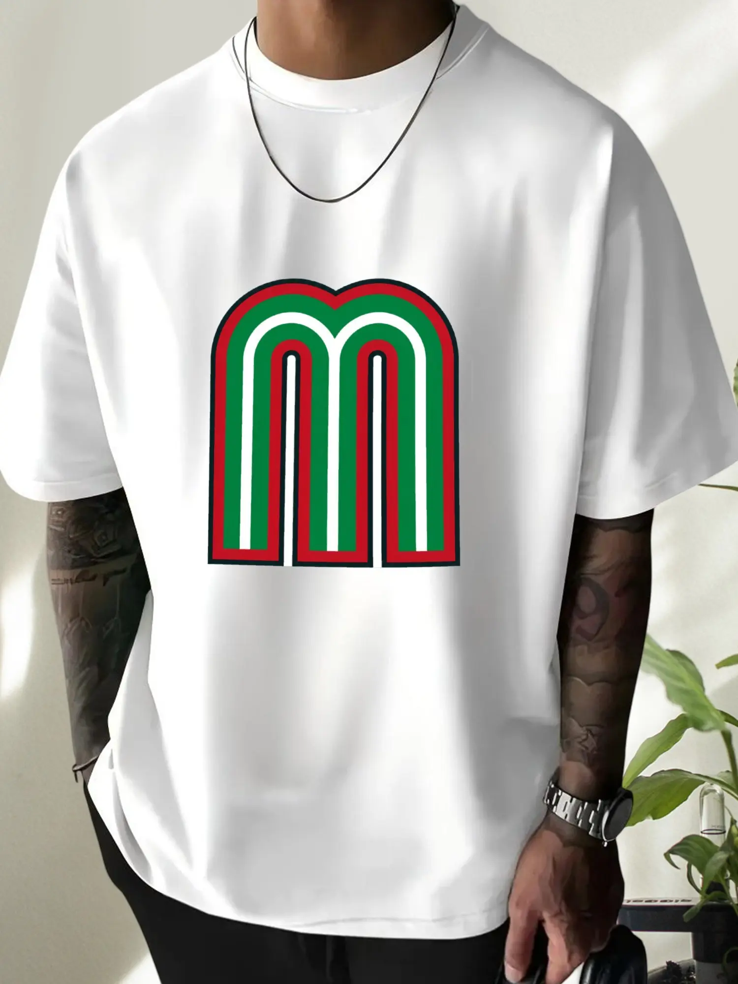 Men's 100% Cotton Mexican M Logo Short-Sleeve T-Shirt - Classic Streetwear Casual Fit Crew Neck, Latino Pride Black White Cargo-Inspired Tee for Dads, Everyday Menswear, Check Size Chart
