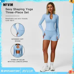 Women's Solid Crop Jacket & Backless Bra & High Waist Shorts Tracksuit Set by MFVIM - Casual Sporty Breathable Comfortable Activewear for Yoga, Gym, Workouts, Running, Ladies' Sports Apparel for All Seasons
