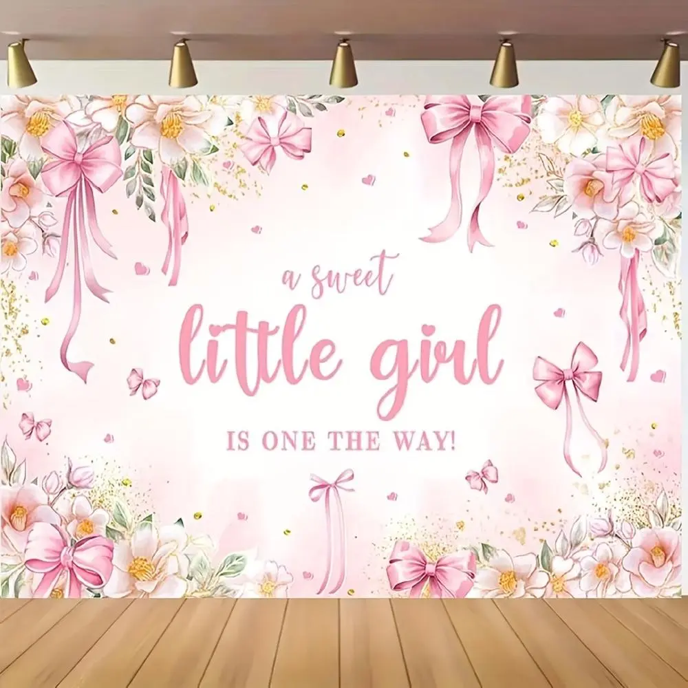 1pc Pink Polyester 2D Flat-Printed Flowers & Bow Backdrop Banner, Happy Birthday Decor for Youngsters, Pink Theme Cake Table & Home Festive Party Supplies