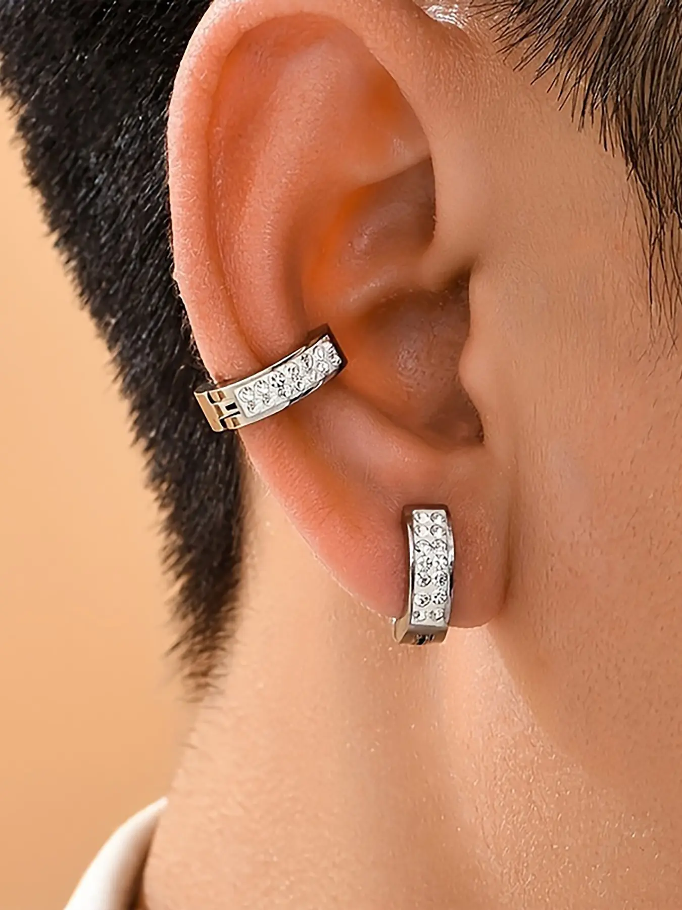 Men's Fashionable Stainless Steel Punk Hip Hop Ear Cuffs, Trendy Zirconia Jewelry Gift, Casual All-Season Accessory, Cubic Zirconia, Fashionable Jewelry Accessories, Artificial Zirconia Earrings, Punk Style Earrings