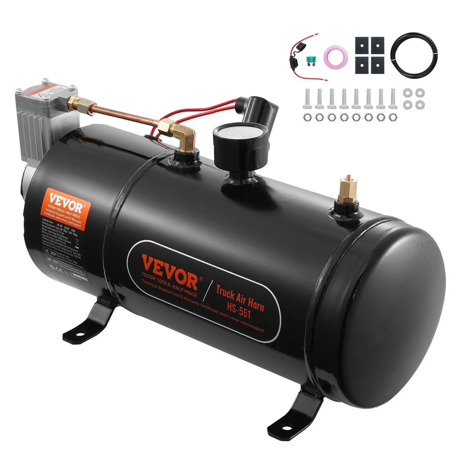 【summerfinds】VEVOR 12V Air Compressor with Tank 0.8 Gallon/3 L, Train Horn Air Compressor, 120 psi Working Pressure Onboard Air Compressor System for Train Air Horns, Inflating Tires, Air Mattresses