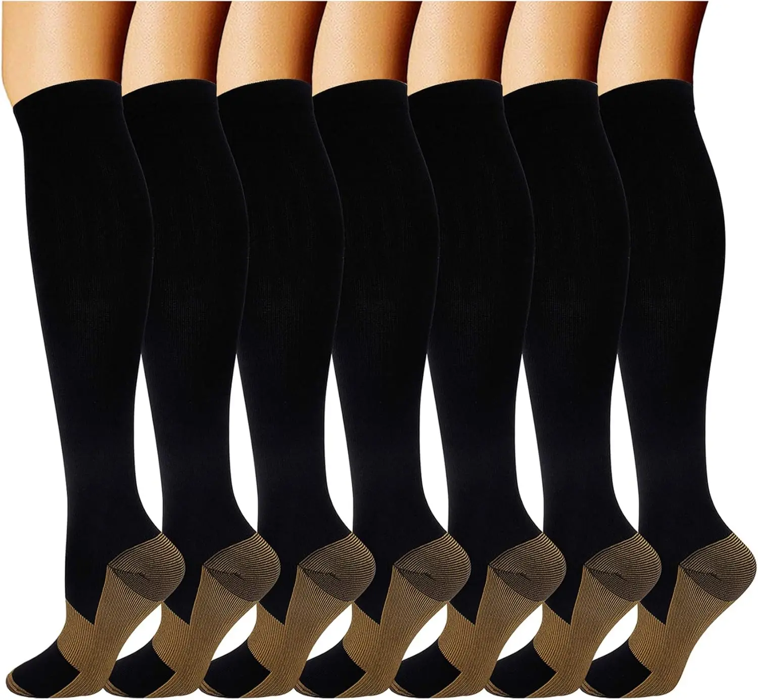 Copper Compression Socks for Men & Women, 7 Pairs Knee High, 20-30 mmHg Athletic Support for Sports, Work & Teachers, Construction