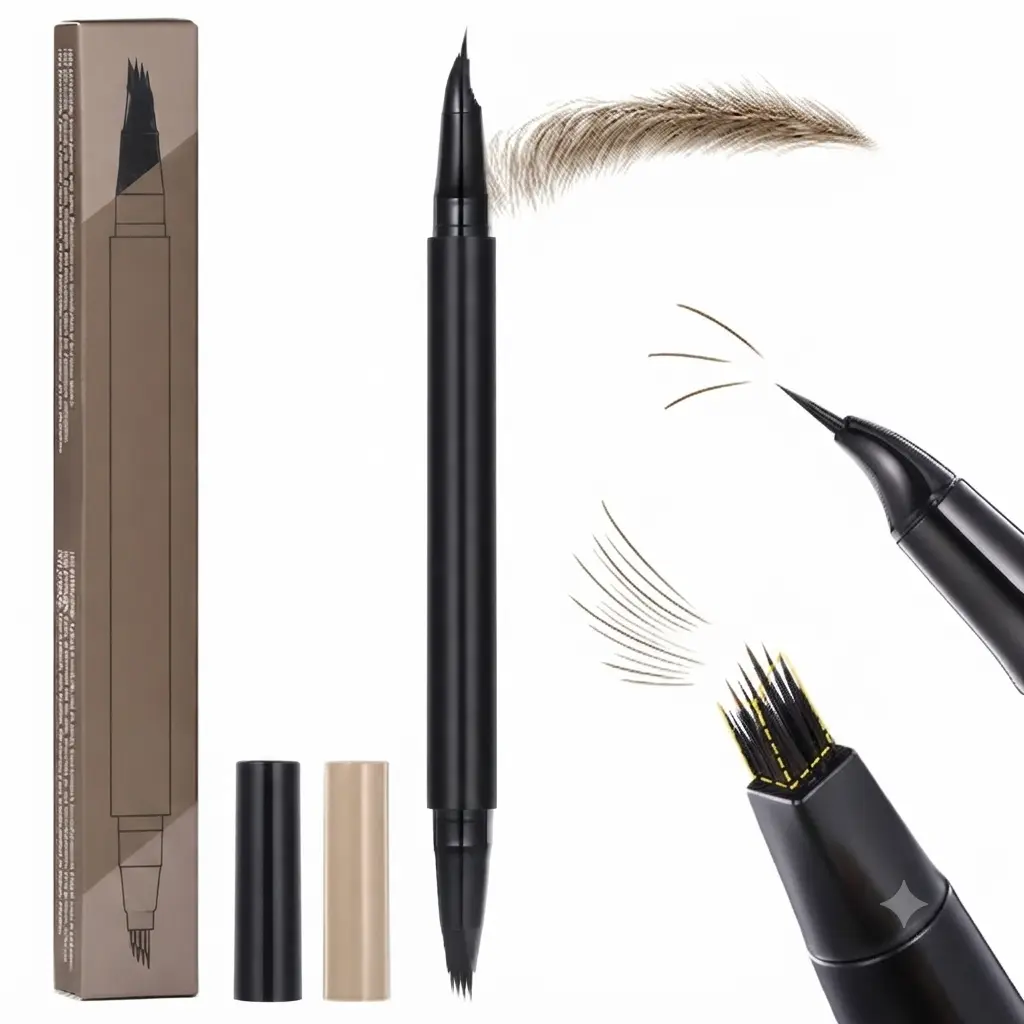 Dual-Ended Microblading Eyebrow Pencil for Women, 2 in 1 Liquid Eyebrow Pencil with Curved Tip and 4D Brow-Fection Microblading Pen (02 Brown)