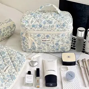 3Pcs Cotton Quited Makeup Bag Set, Quilted Makeup Bag, Large Floral Cosmetic Bag for Women, Cute Cotton Makeup Bags, Flower Travel Toiletry Organizer Bag