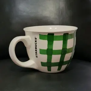 2016 Starbucks Coffee Mug with Green Checkered Pattern Gingham Plaid 14oz.  Reusable Drinkware Ceramic Cup  Washable