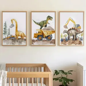 3 Piece Dinosaur Themed Design Wall Art Set, Cute Animal Decor Posters, Modern Kids Room Bedroom Living Room Canvas Paintings, Unframed Indoor Decoration