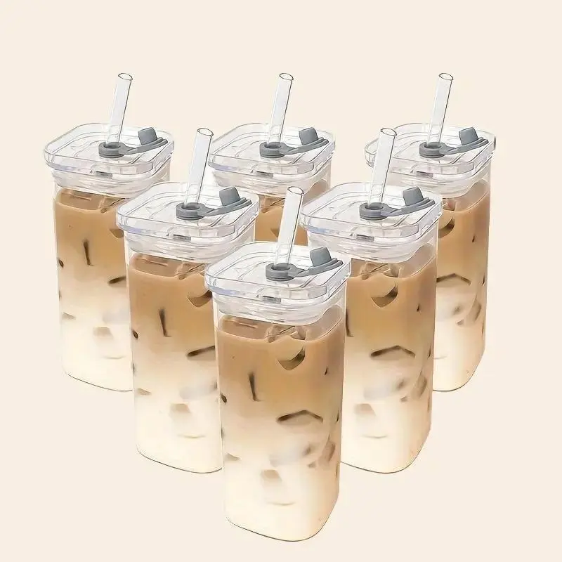 Reusable Heatproof Glass Beverage Mug Tumbler - 4/6-Pack Square Unisex Adult Drinkware with Lid & Straw, Portable Washable Home Dining Kitchenware, Washable Glass Stays Fresh Daily