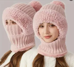 Winter Fleece Lined Knitted Hat with Ear Covers 3 in 1 Winter Hat Scarf Mask Set Windproof Warm Hooded Neck Warmer for Outdoor Cycling Pink