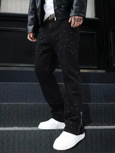 Men's Splatter Print Skinny Jeans, High Street Streetwear Hip-Hop Style, Zipper Cuff Long Pants, All Seasons Casual Fitted Denim