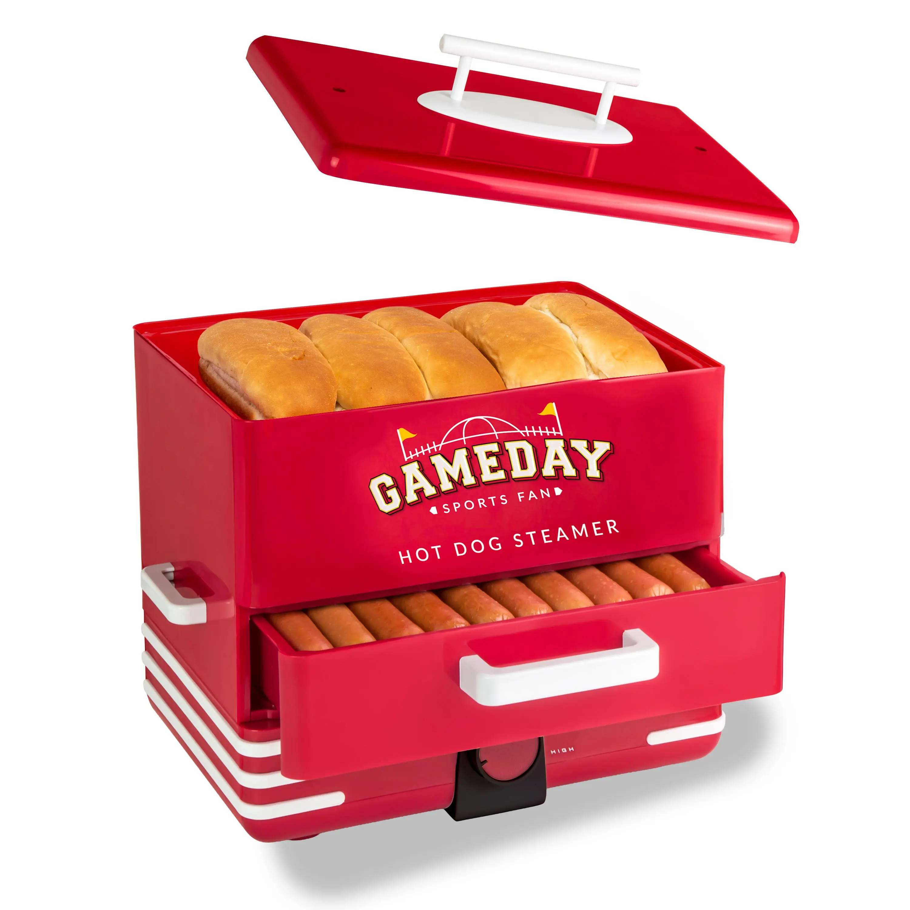 Nostalgia Game Day Hot Dog Steamer and Bun Warmer, Multi-Functional Kitchen Appliance for Cooking Hot Dogs, Potstickers, and Vegetables, Gaming