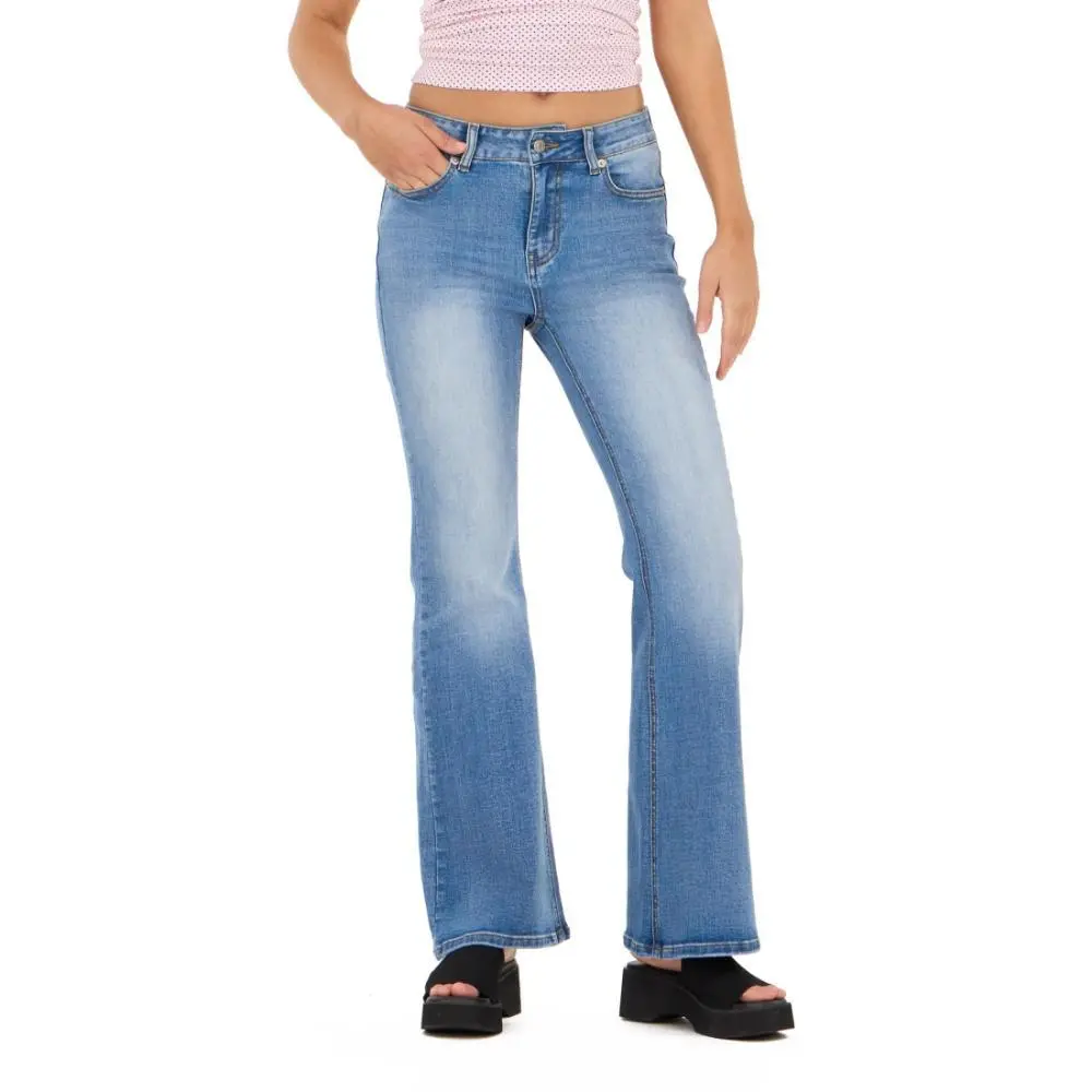 Forever 21 Women's Medium Wash Bootcut Jeans, Denim Bottoms with Rhinestone Embellished Back Pockets