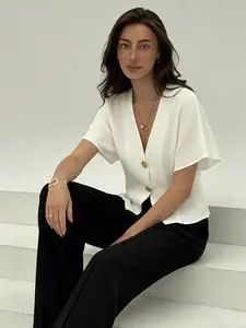 A women's white gold buckle V-neck short sleeved chiffon shirt with gold buckle decoration to enhance texture, V-neck design to highlight neck, suitable for commuting to work, shopping and outdoor wear