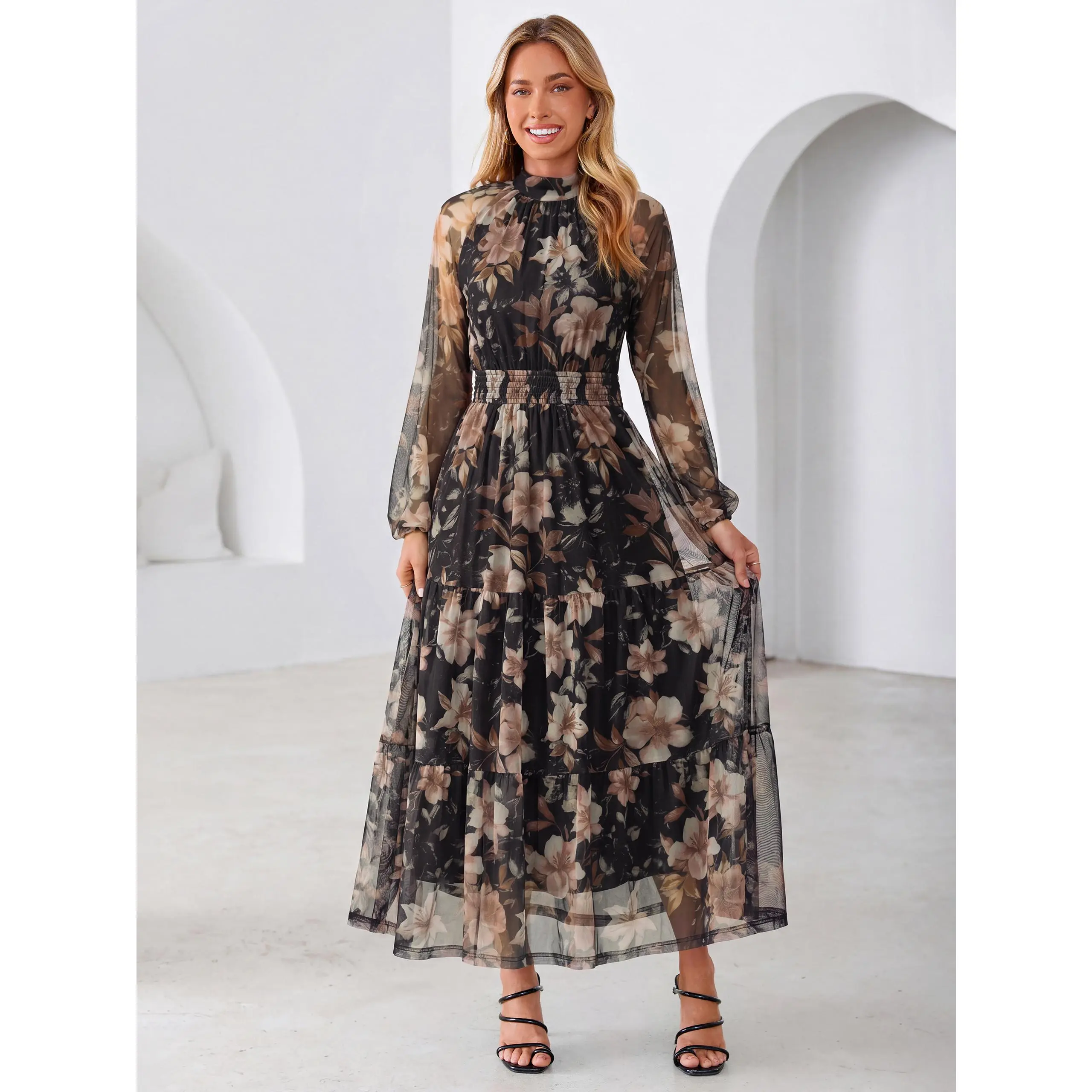 Simplee Womens Floral Tulle Maxi Dress | Sheer Long Sleeve Long Dresses | Flattering Smocked Waist Tiered Wedding Guest Outfits
