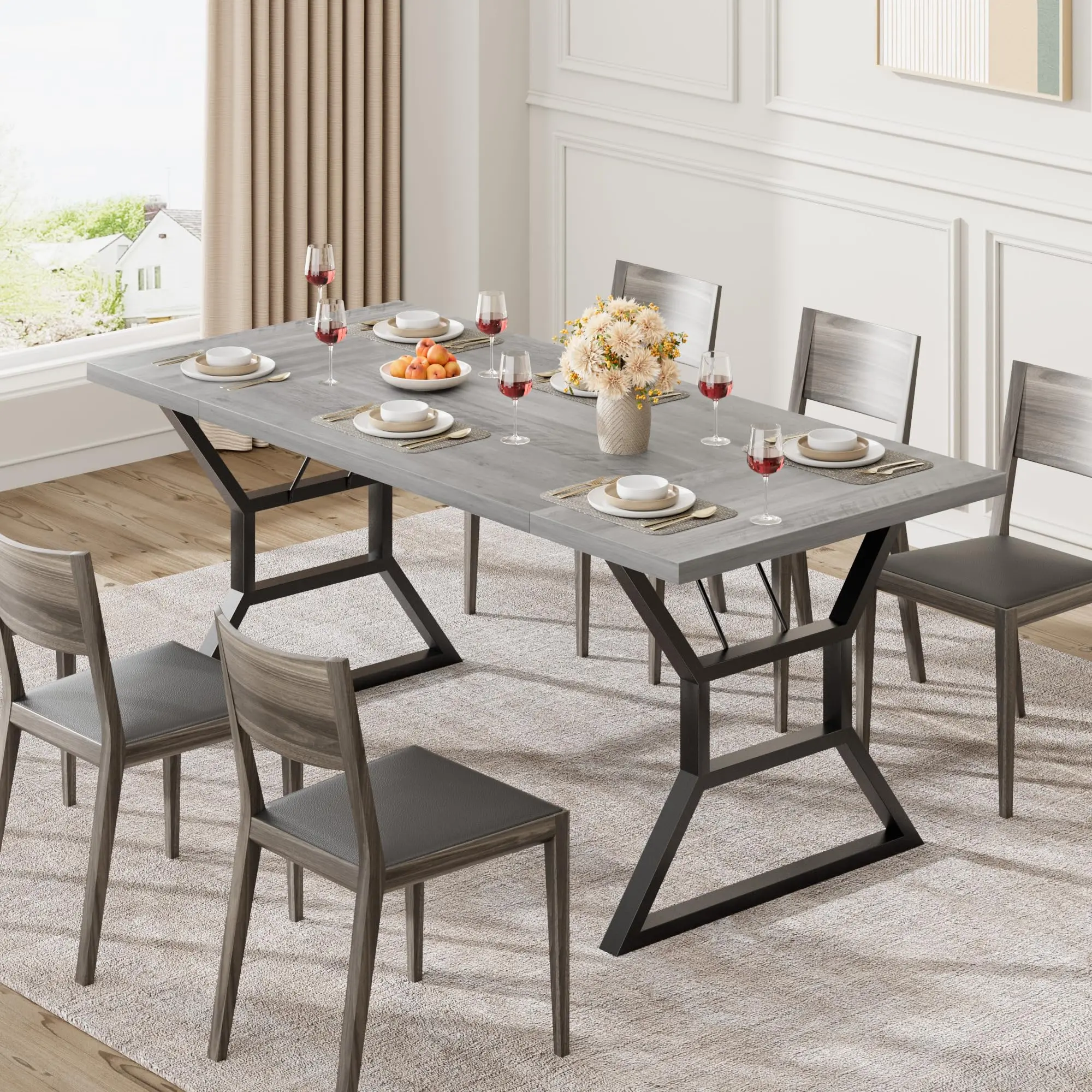 GARVEE Grey 70.9 in Large Dining Room Table for 6, Rectangular Kitchen Table with Heavy Duty Metal Legs, Farmhouse Wooden Dining Table for Big Family