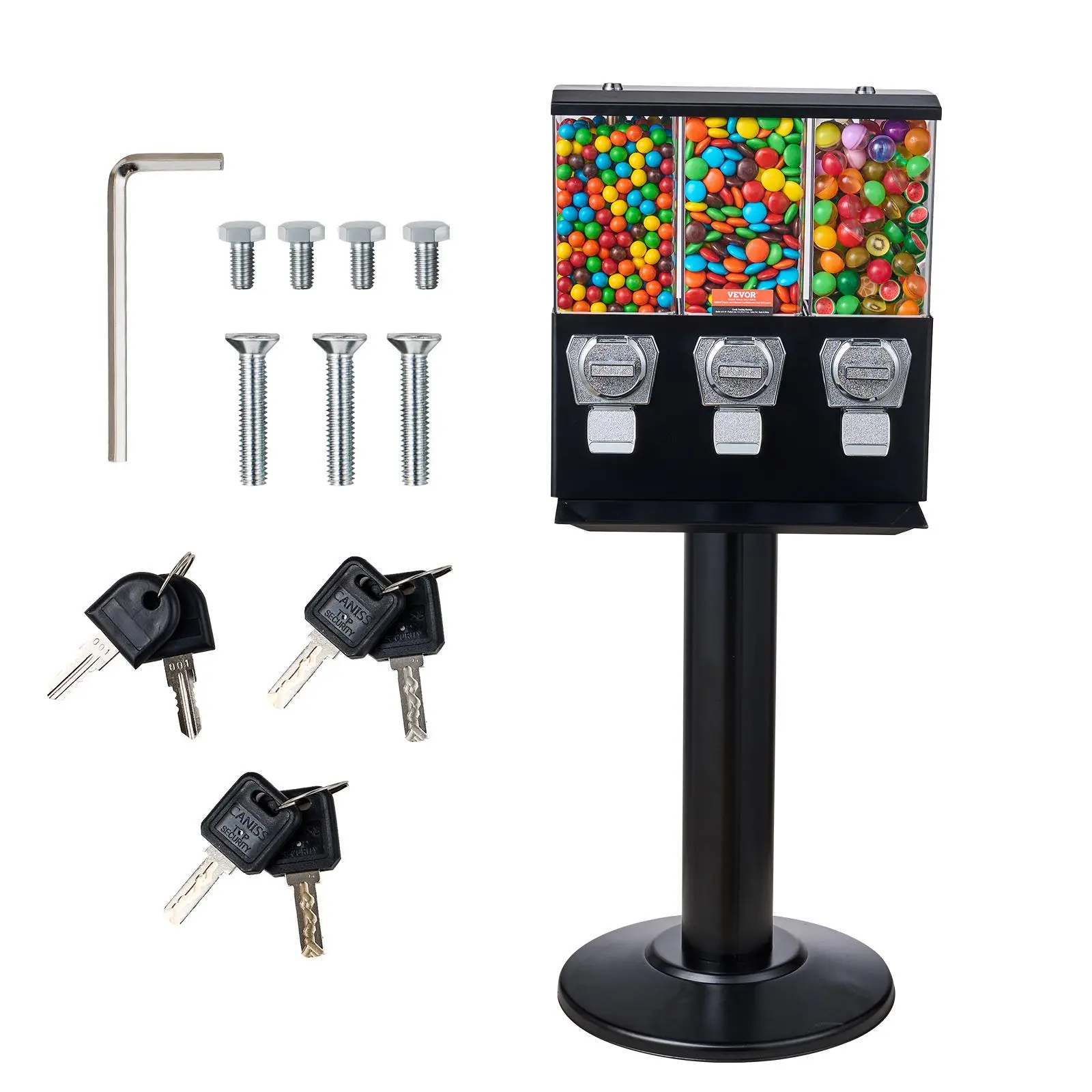 【Summerfinds】VEVOR Commercial Vending Machine,  , Triple Compartment Candy Dispenser with Iron Stand, Gumball and Candy Machine for Business, Coin Operated Gumball Bank for Toy Capsules Bouncy Balls Candy Nut, Black