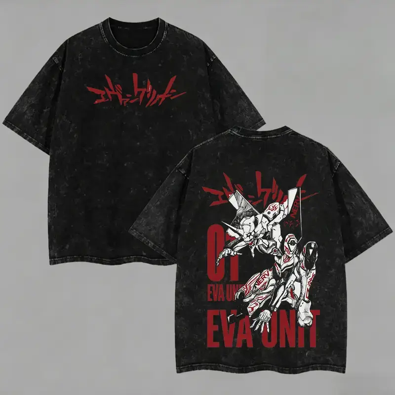EVA Unit-01 Washed T-Shirt – Neon Genesis Evangelion Vintage-Wash Heavyweight Cotton Oversized Anime/Manga Tee; Unisex Streetwear Featuring "Berserk Mode" Dual-Sided Prints, Shinji Ikari, NERV Mecha, and Psychological Anime Themes,men's t shirts