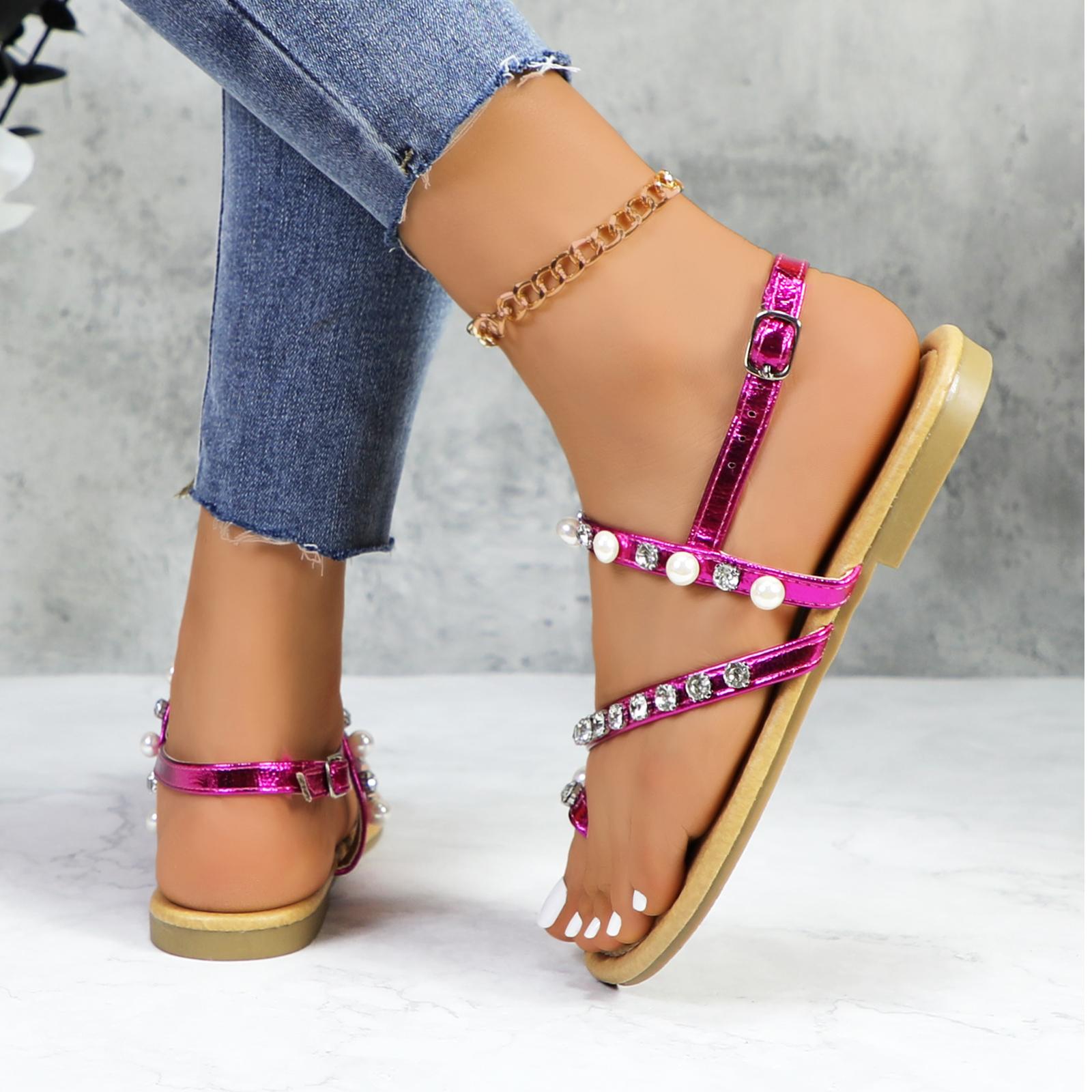 Women Lovely Pearl Strappy Open Toe Flat Sandals Ankle Strap Toe Ring Comfortable Summer Beach Casual Vacation Shoes
