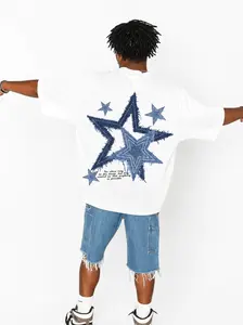 Men's Denim Star Print Oversized T-Shirt, Casual Streetwear Short Sleeve Tee, All-Season Aesthetic Top, White graphic fashion funny book merch bacon target good